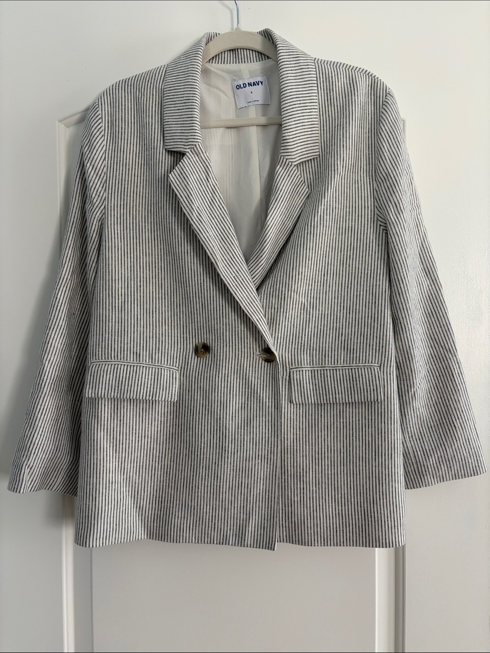 Old Navy‎ Cream and Blue Striped Double-Breasted Oversized Blazer, small